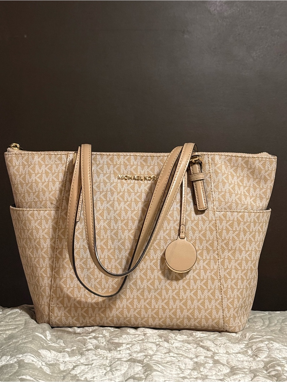 Michael Kors Charlotte Large Vanilla Logo Top Zip Shoulder Tote Bag + Dust Bag